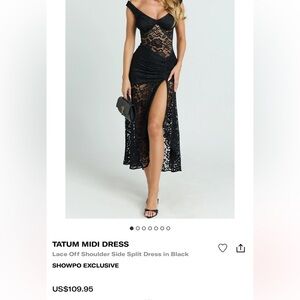 Showpo Tatum Lace Off-Shoulder Midi Dress in Black